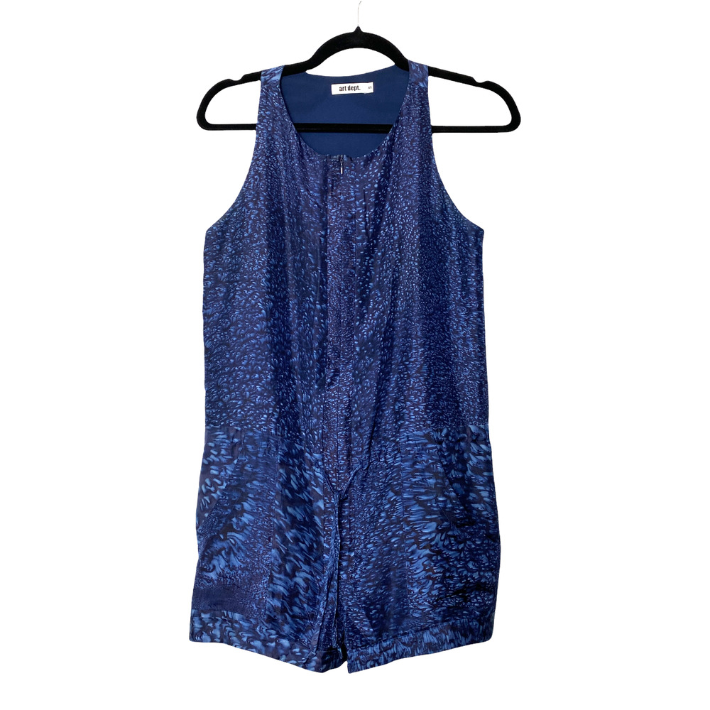Art Dept. 100% Silk Romper Blue Printed Sleeveless Tie-Waist One-Piece Size XS